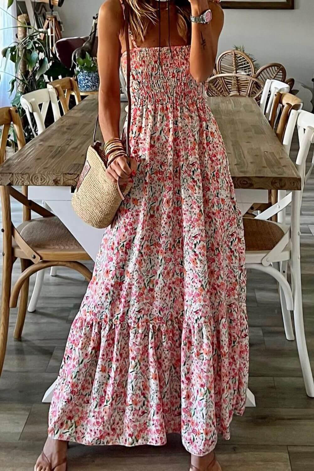 Smocked Floral Spaghetti Strap Dress - Clothes For Her Online Store