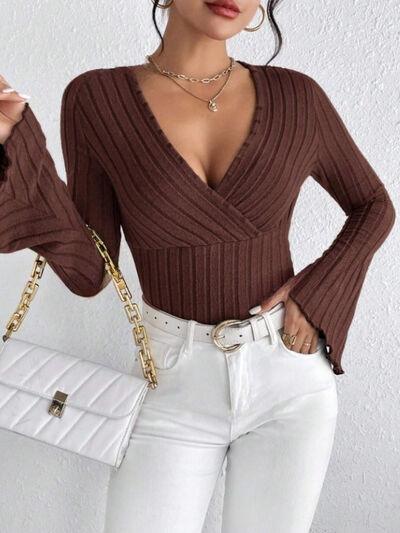 Ribbed Flare Sleeve Top - Clothes For Her Online Store