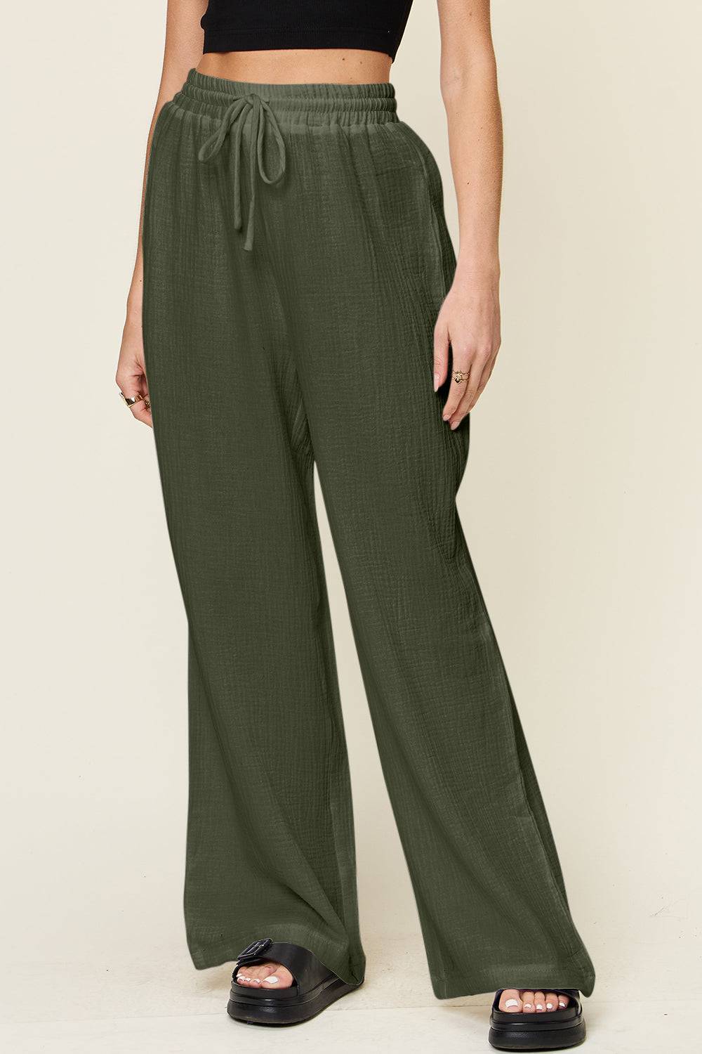 Double Take Full Size Texture Drawstring Wide Leg Pants - Clothes For Her Online Store