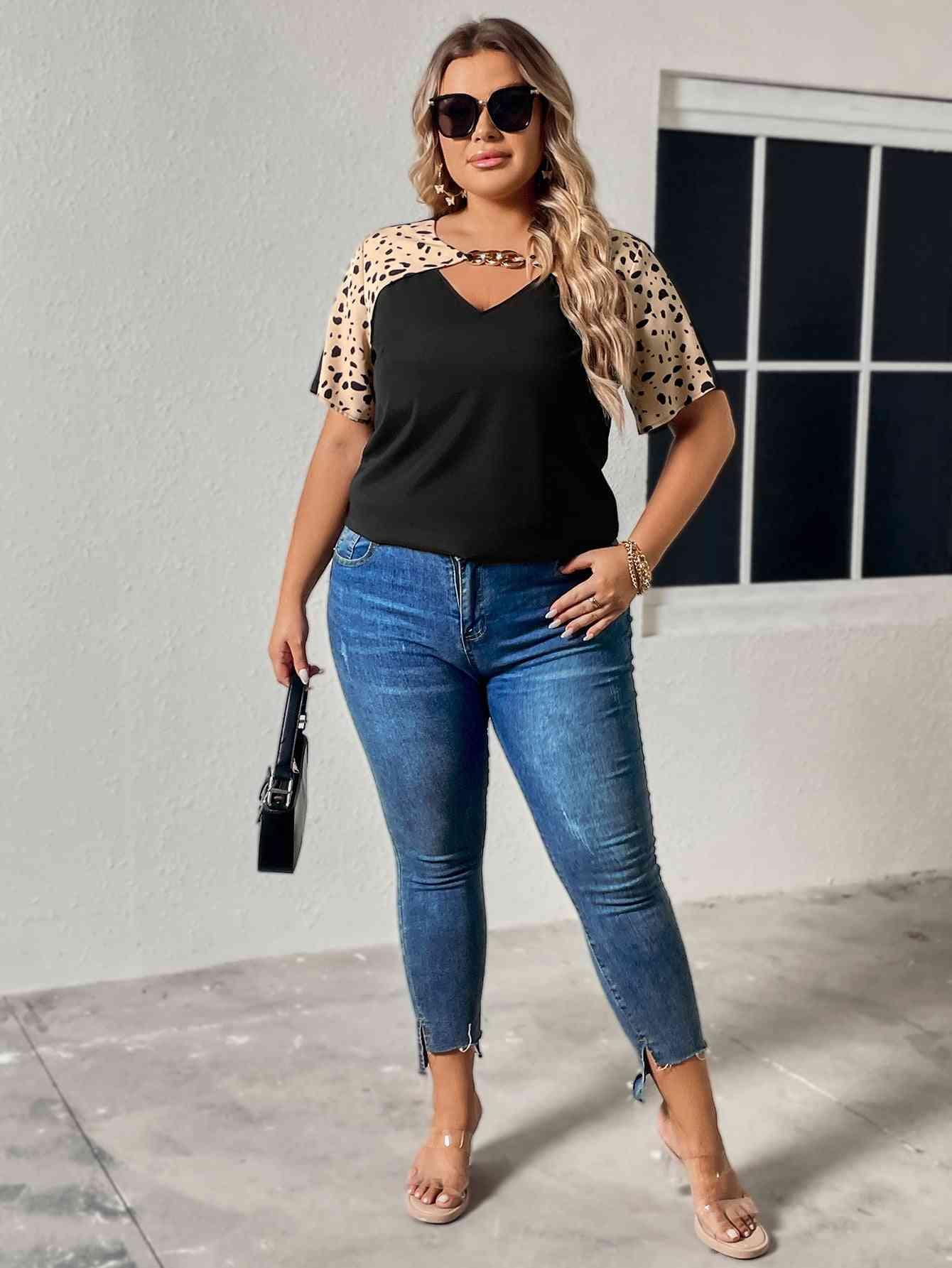 Honey Plus Size Chain Detail V-Neck Raglan Sleeve Blouse - Clothes For Her Online Store
