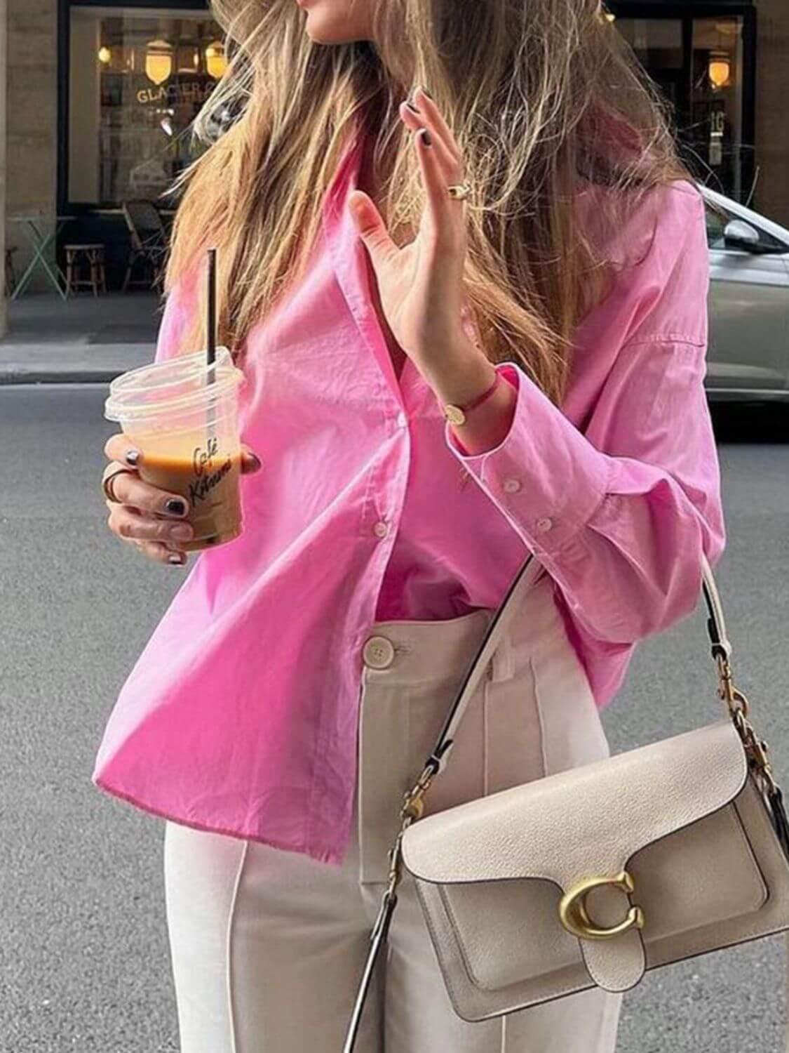 Devine Collared Neck Drop Shoulder Shirt - Clothes For Her Online Store