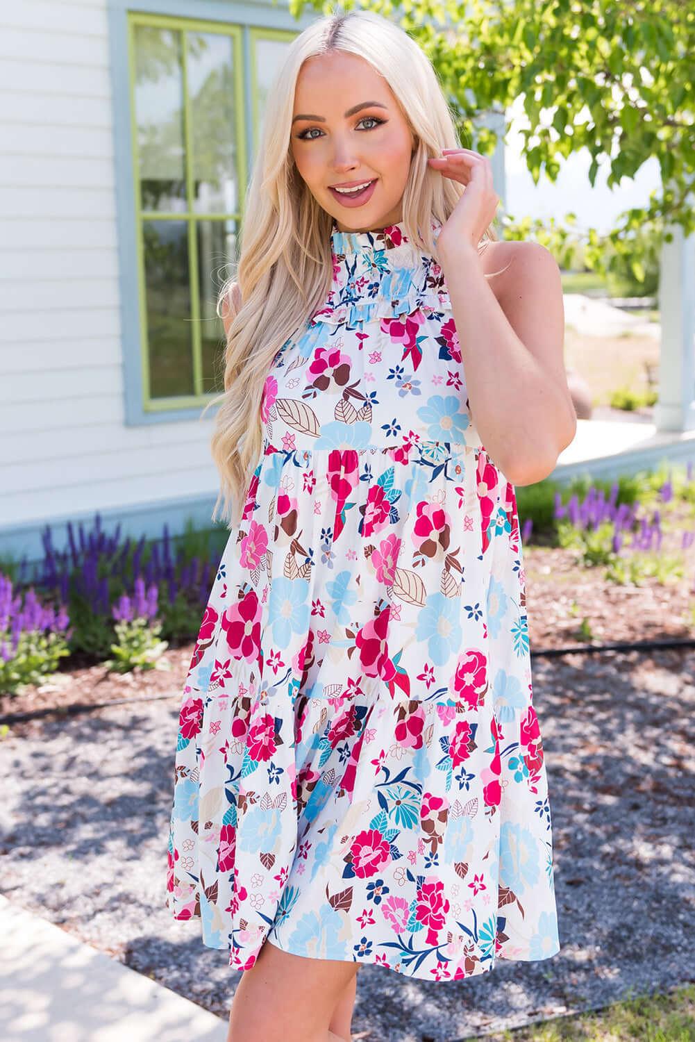 Floral Mock Neck Sleeveless Tiered Dress - Clothes For Her Online Store