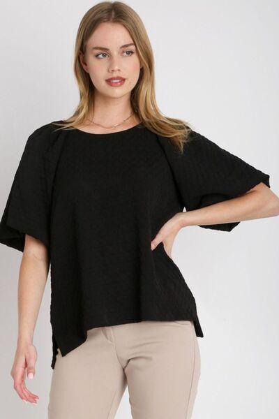 Umgee Full Size Boxy Cut Jacquard Round Neck Top with Side Slit Plus Size - Clothes For Her Online Store