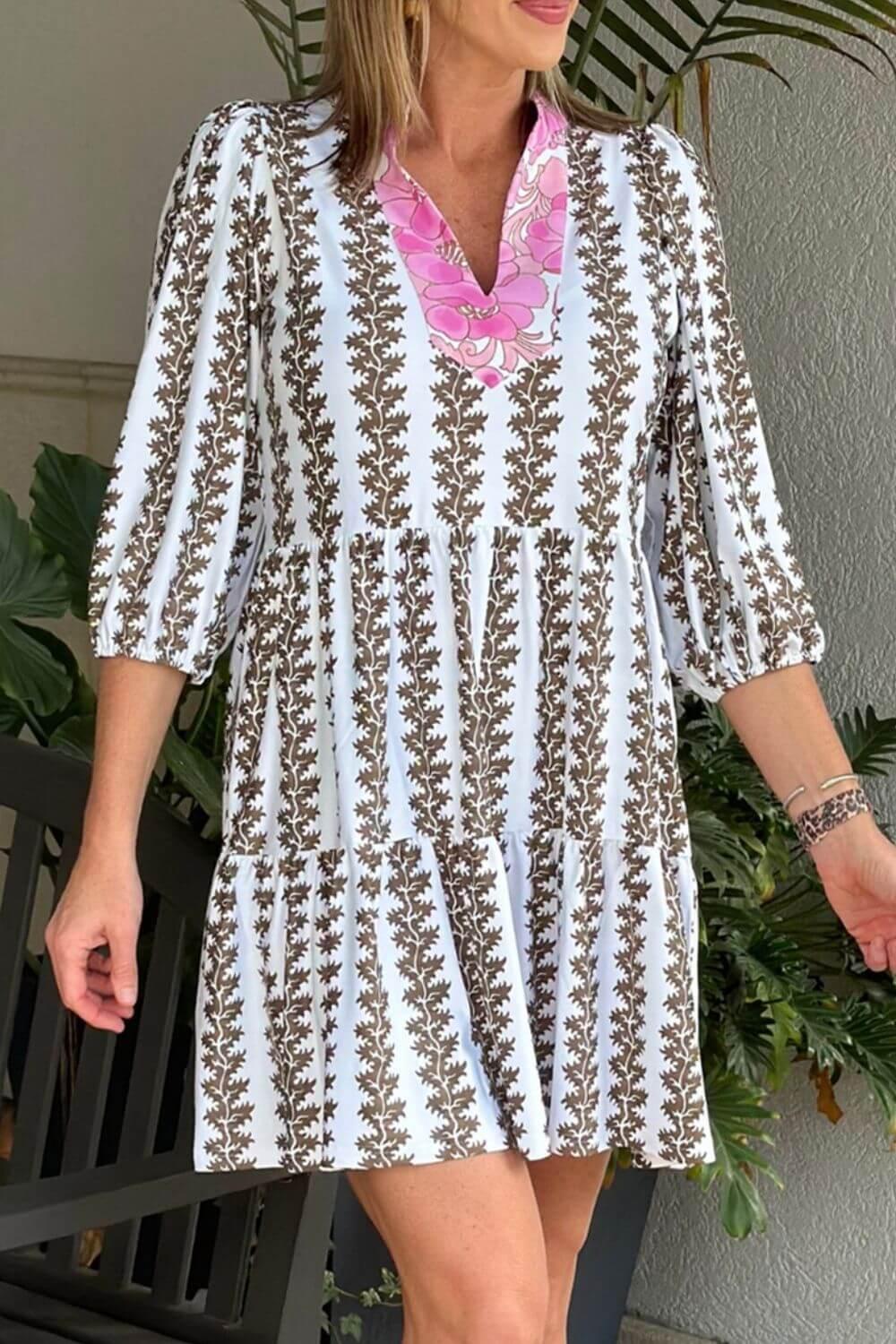 Printed Notched 3/4 Sleeve Mini Dress - Clothes For Her Online Store