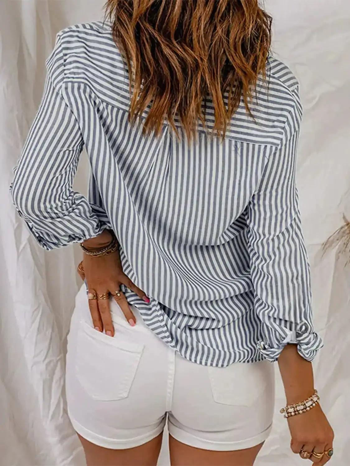 Devine Striped Collared Neck Long Sleeve Shirt - Clothes For Her Online Store