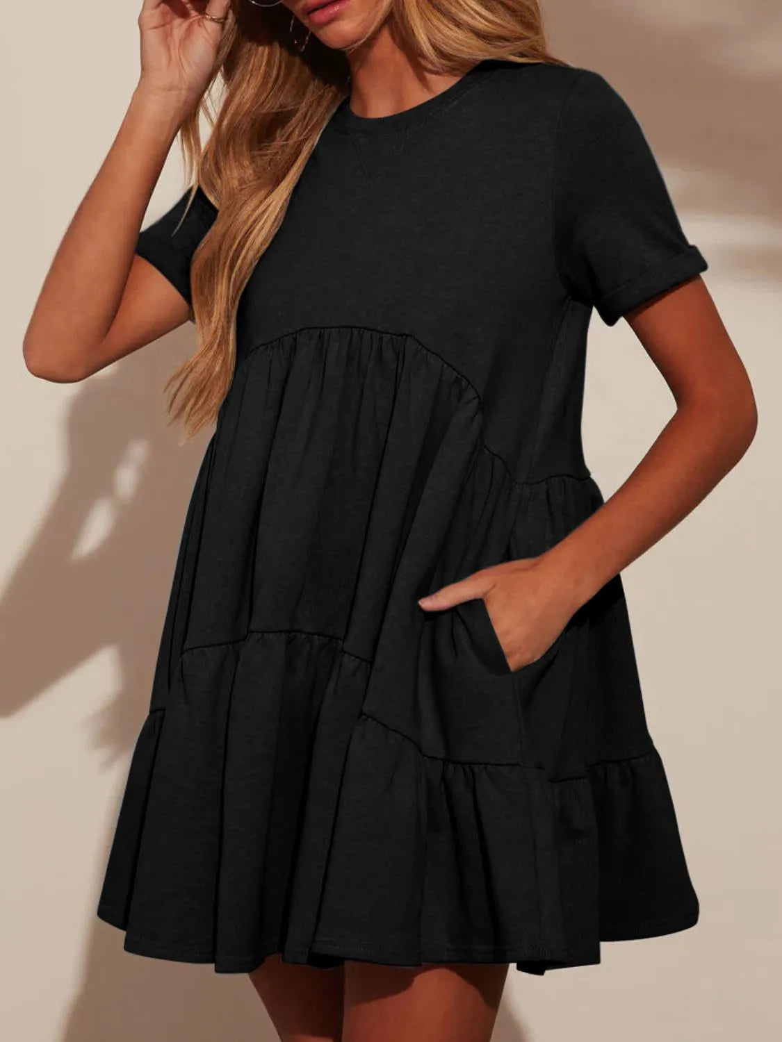 Tiered Round Neck Short Sleeve Mini Dress