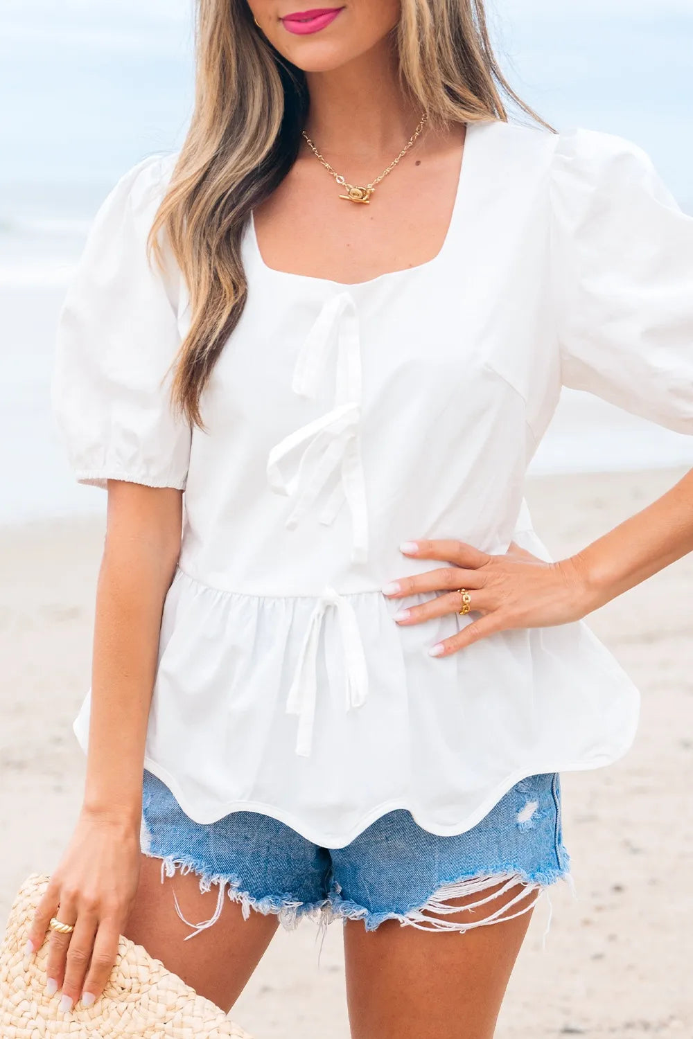 Bow Knot Decor Square Neck Puff Sleeve Peplum Top