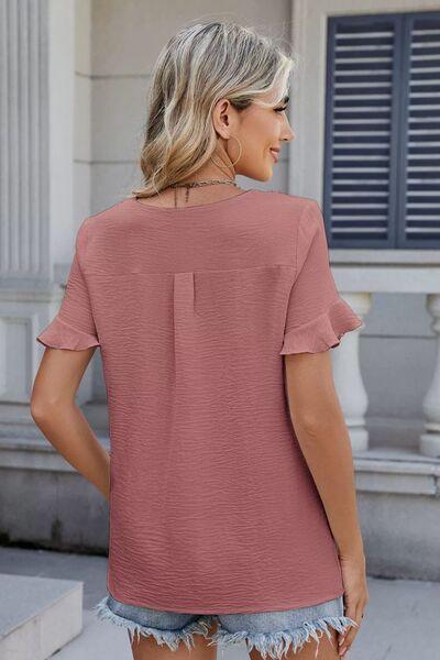 Ruffled V-Neck Short Sleeve Blouse - Clothes For Her Online Store