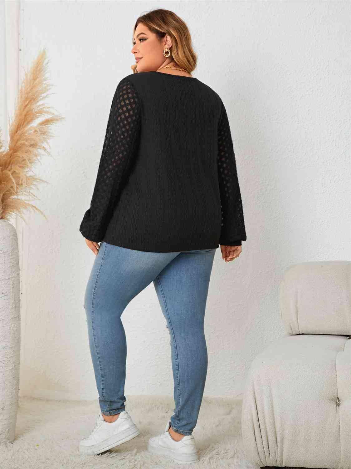 Honey Plus Size Openwork Notched Button Front Blouse - Clothes For Her Online Store