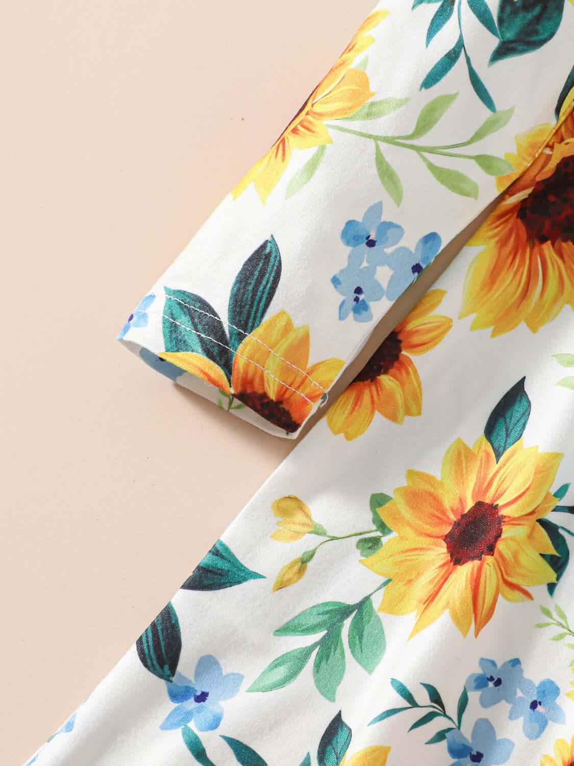 Kids Sunflower Print Round Neck Long Sleeve Dress - Clothes For Her Online Store