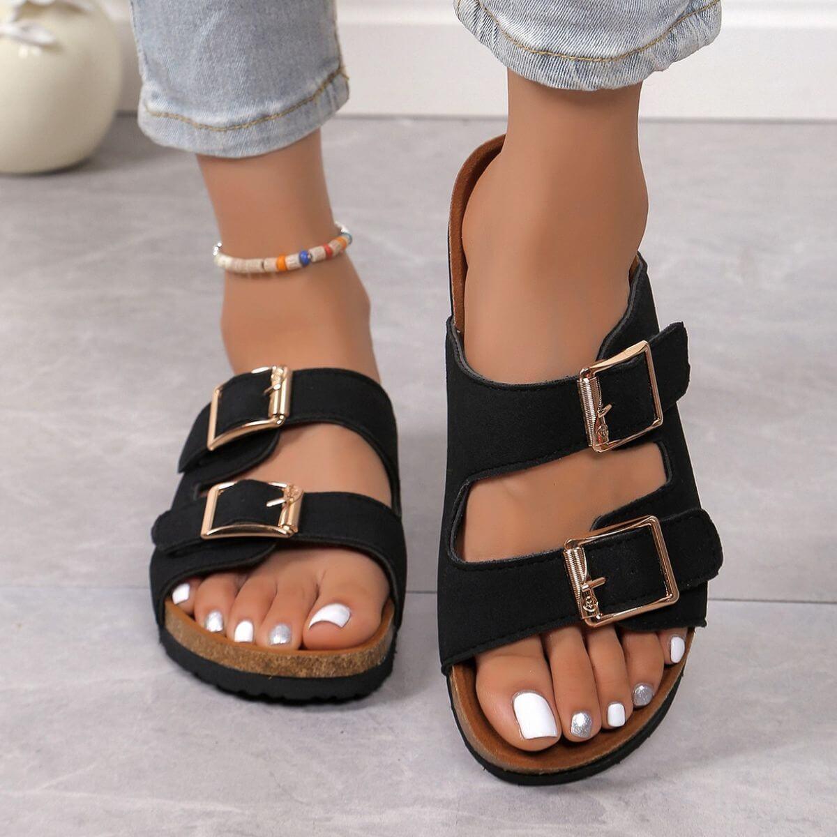 Open Toe Double Buckle Sandals - Clothes For Her Online Store