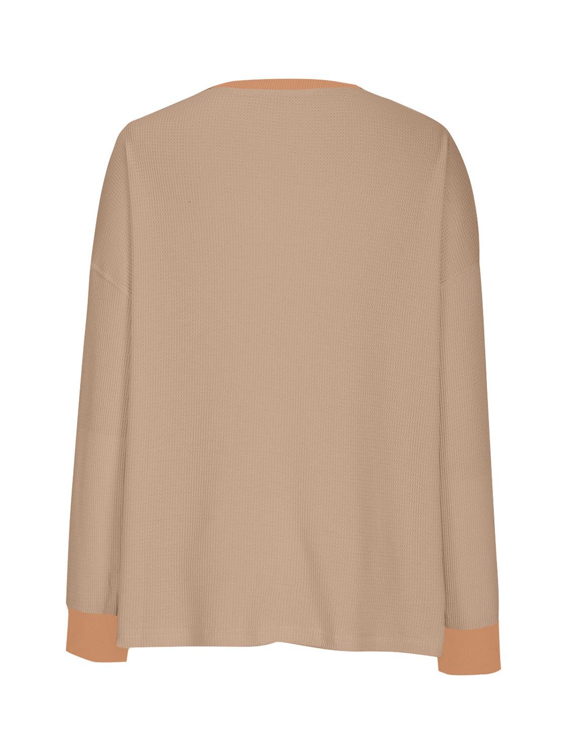Waffle Knit Round Neck Long Sleeve T-Shirt - Clothes For Her Online Store