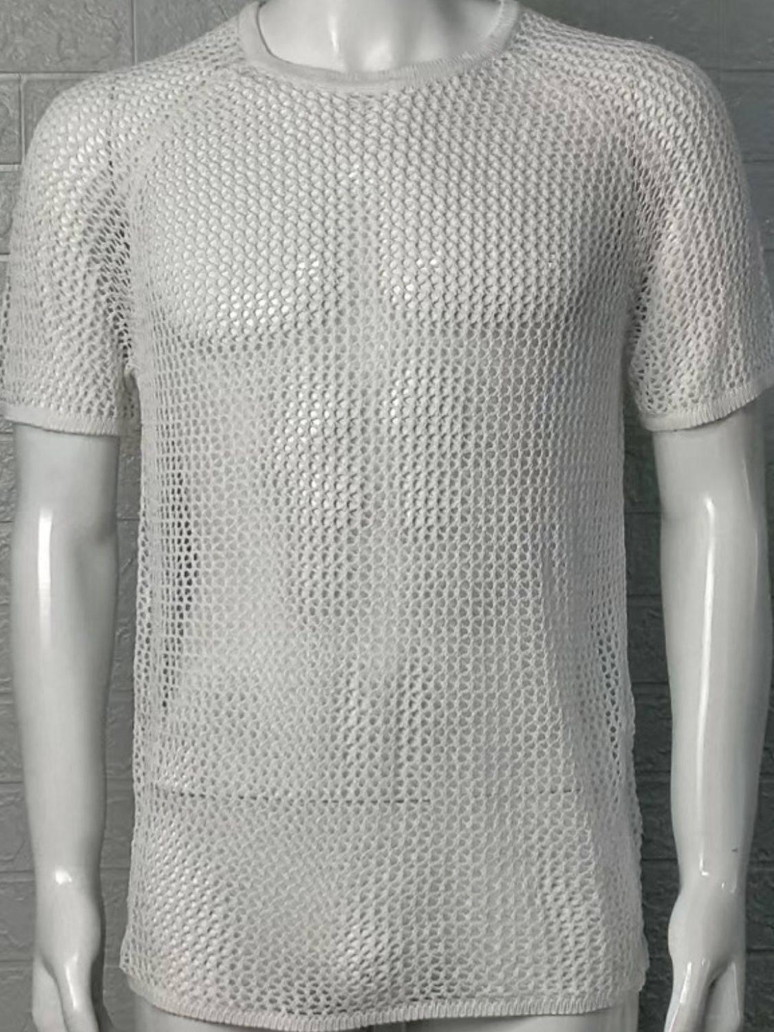 Men's Openwork Round Neck Short Sleeve T-Shirt - Clothes For Her Online Store