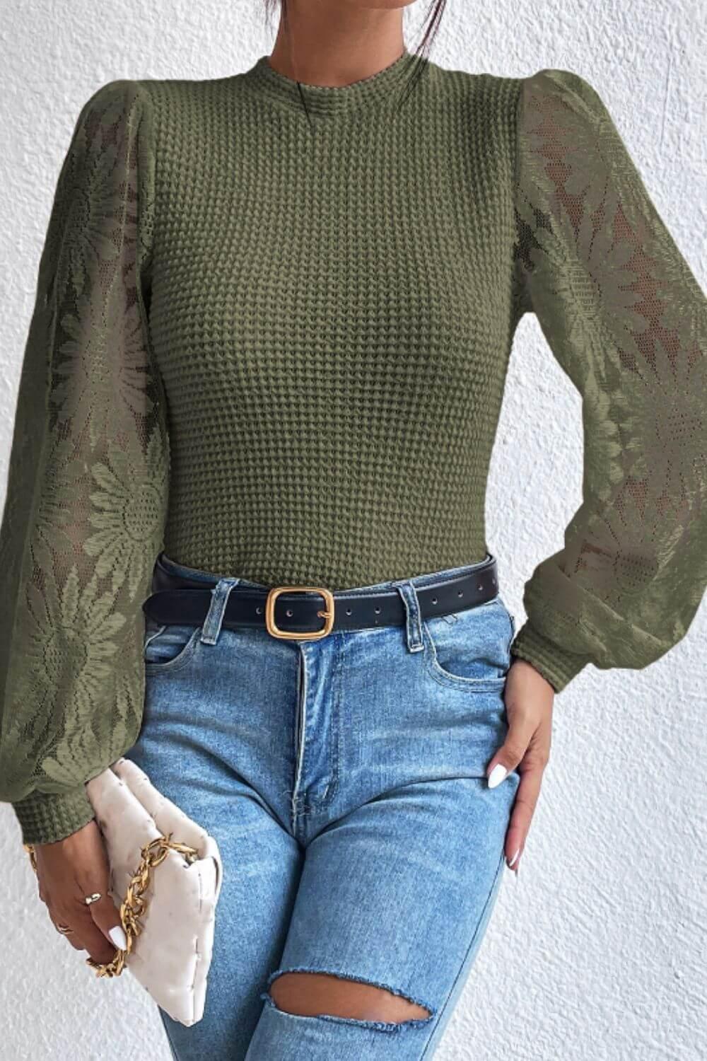 Mock Neck Lace Long Sleeve Top - Clothes For Her Online Store