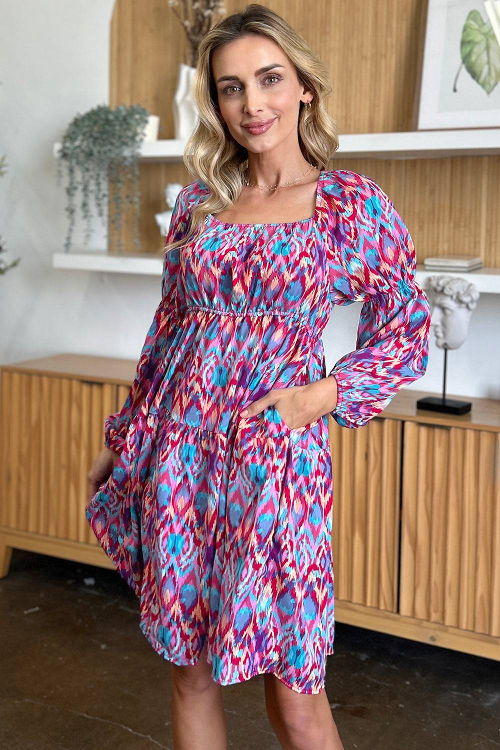 Double Take Full Size Printed Long Sleeve Dress - Clothes For Her Online Store