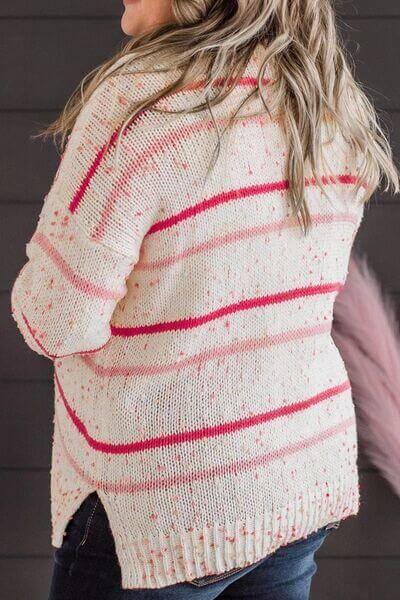Plus Size Confetti Striped Round Neck Sweater - Clothes For Her Online Store