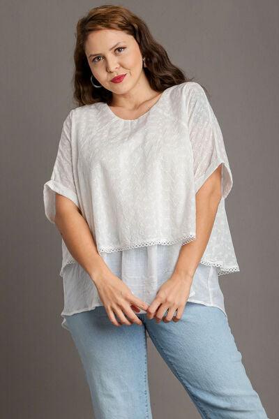Umgee Full Size Eyelet Layered Short Sleeve Blouse Plus Size - Clothes For Her Online Store