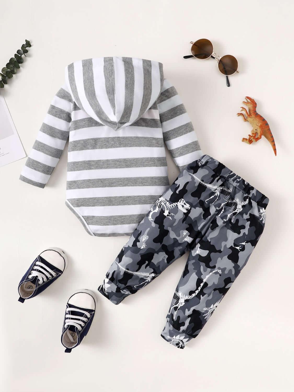 Children's Striped Hooded Bodysuit and Camouflage Pants Set - Clothes For Her Online Store