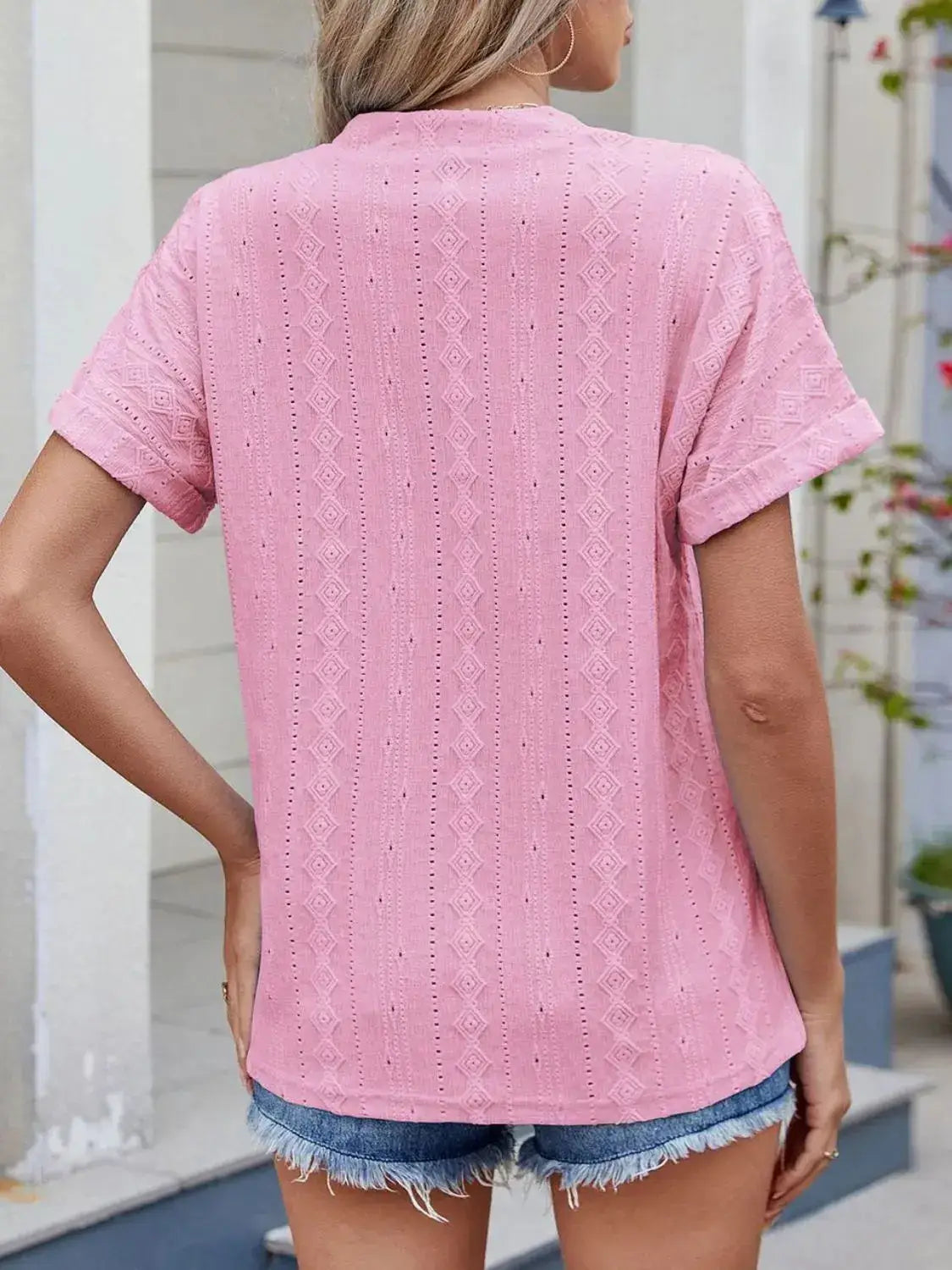 Eyelet Notched Short Sleeve Top - Clothes For Her Online Store
