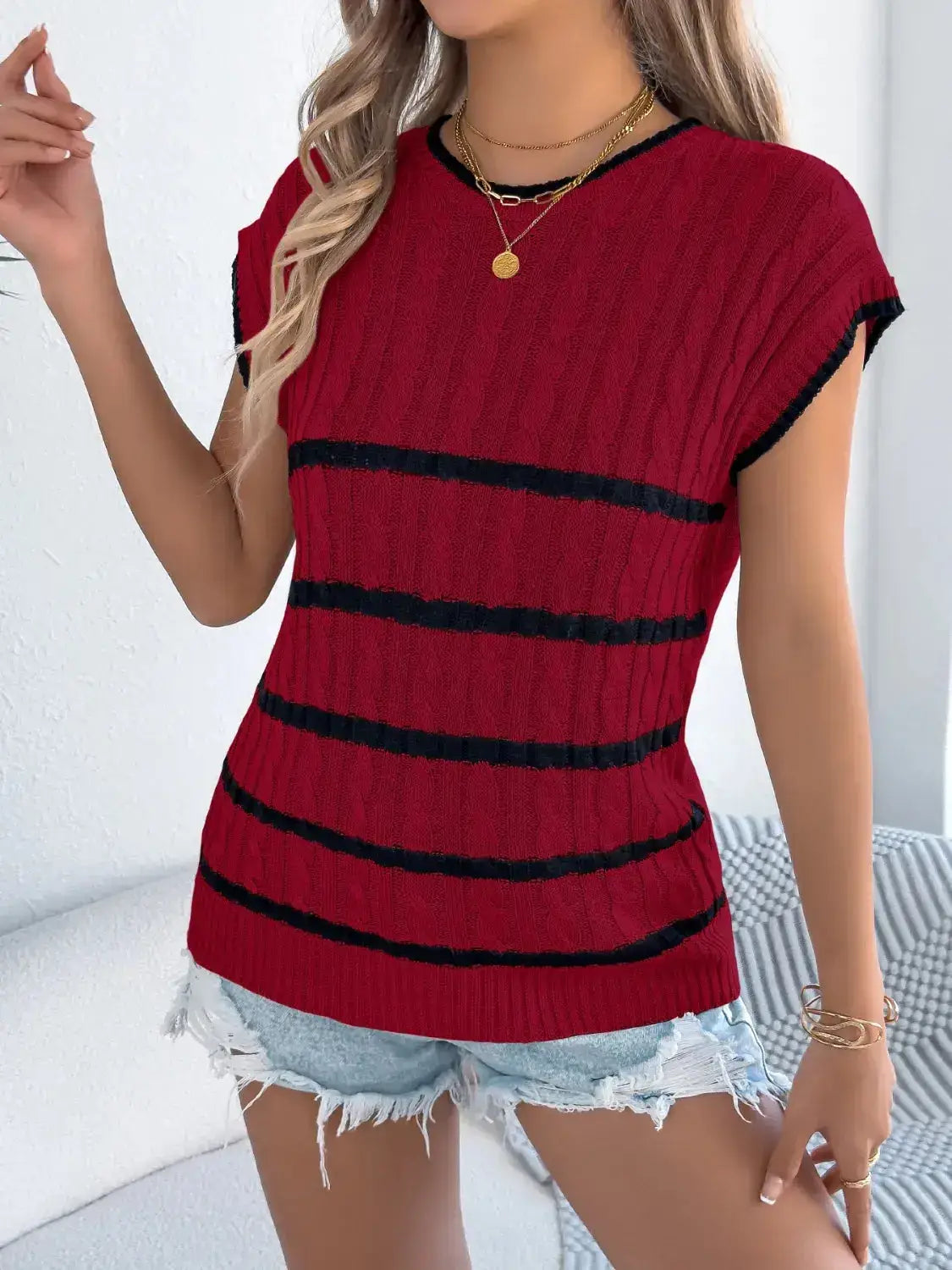 Cable-Knit Striped Round Neck Knit Top - Clothes For Her Online Store
