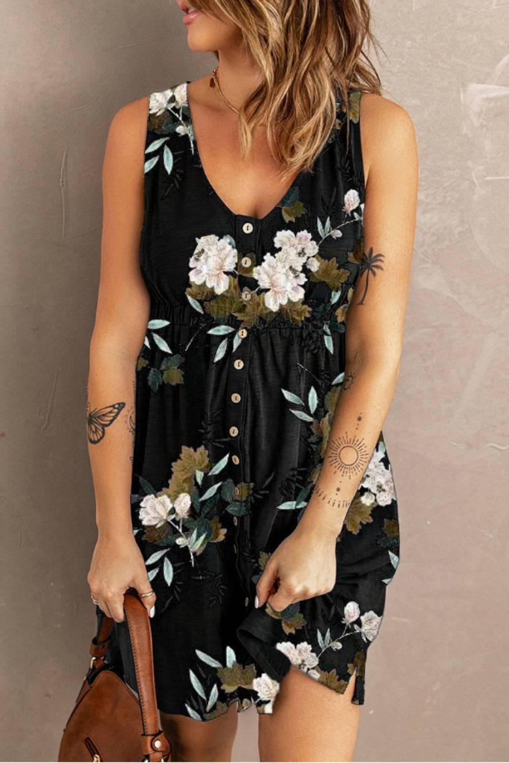Double Take Printed Scoop Neck Sleeveless Buttoned Magic Dress with Pockets - Clothes For Her Online Store