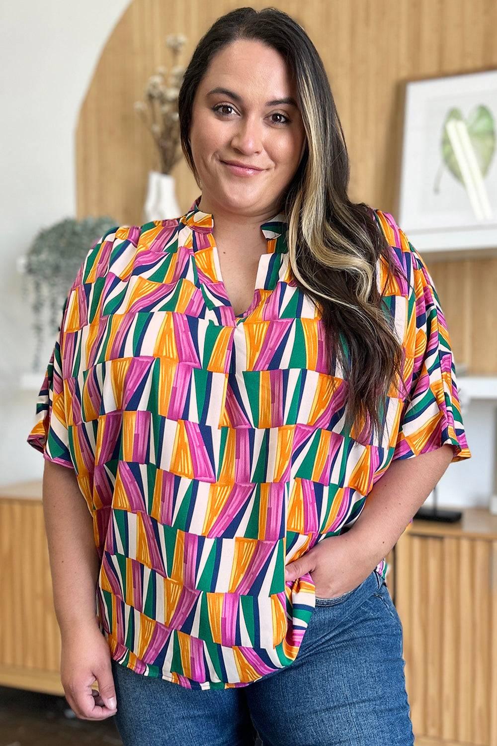 Double Take Full Size Geometric Notched Dolman Sleeve Top - Clothes For Her Online Store
