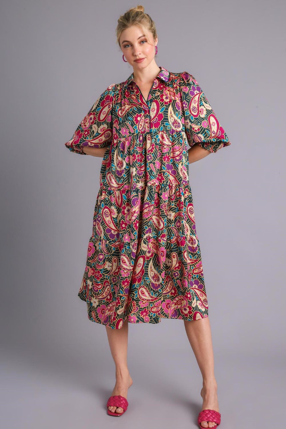 Umgee Full Size Paisley Print Satin Tiered Midi Dress Plus Size - Clothes For Her Online Store