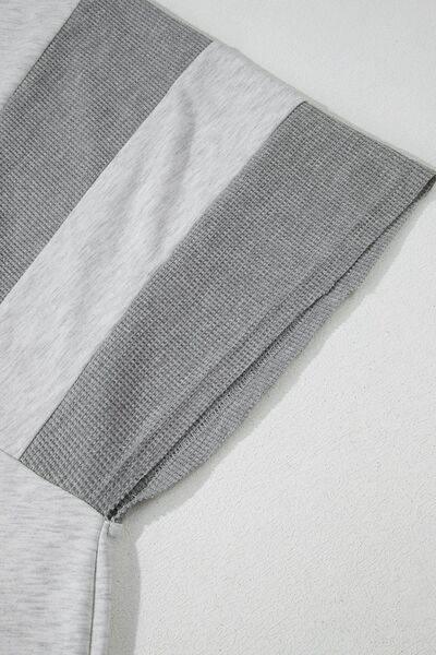 Two Tone Contrast Waffle Knit Patched Buttoned V Neck Top - Clothes For Her Online Store
