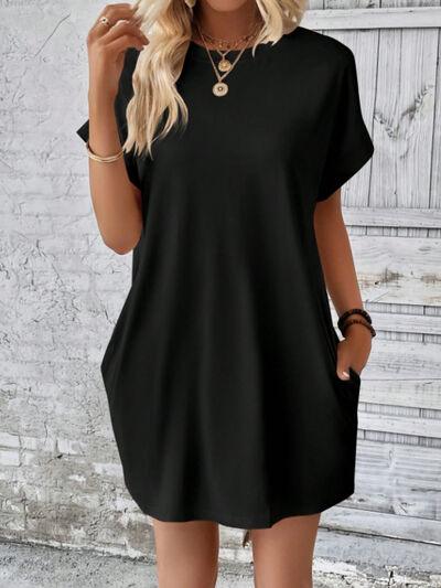 Round Neck Short Sleeve Mini Tee Dress with Pockets - Clothes For Her Online Store