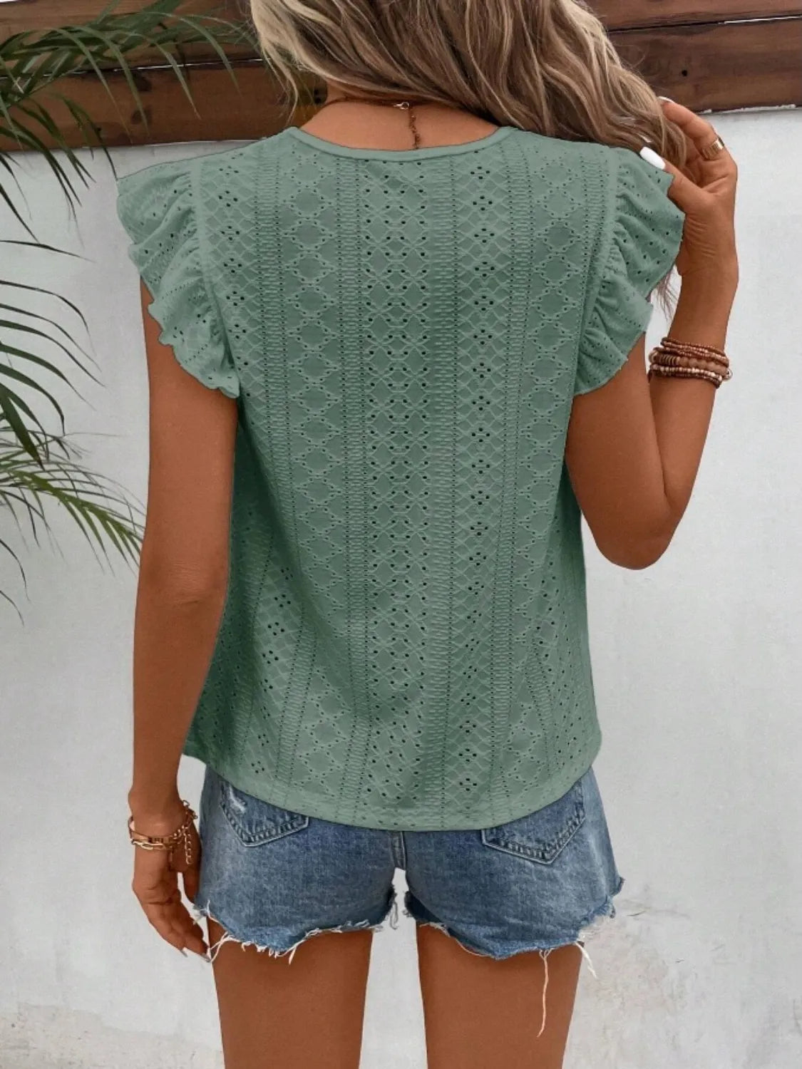 Eyelet Round Neck Cap Sleeve Top
