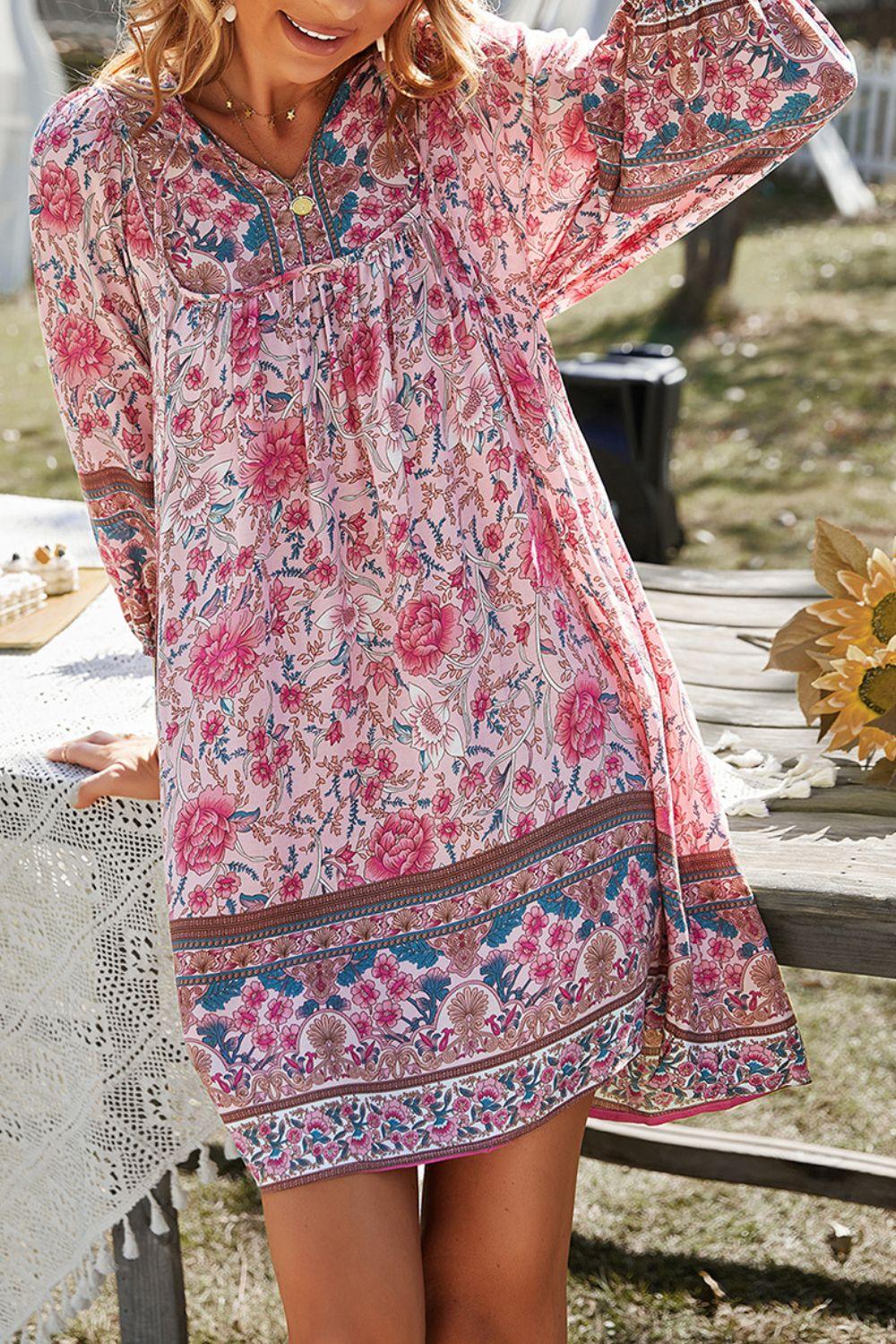 Devine Printed Tie Neck Mini Dress - Clothes For Her Online Store