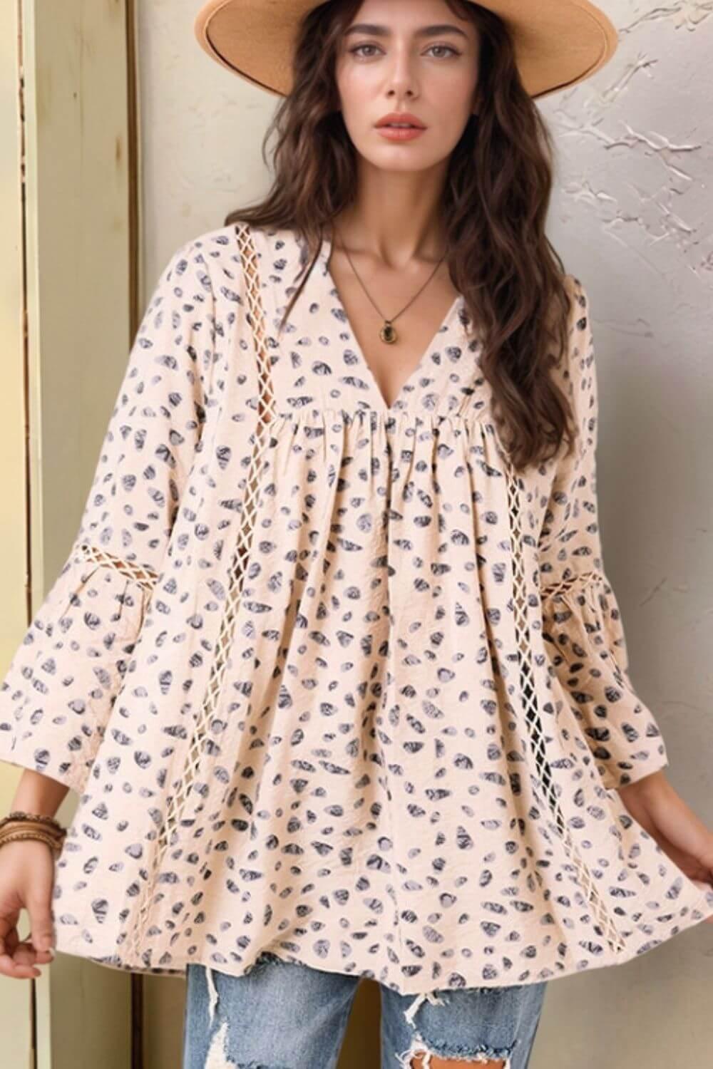 Hollowed Lace Trim Babydoll Blouse - Clothes For Her Online Store