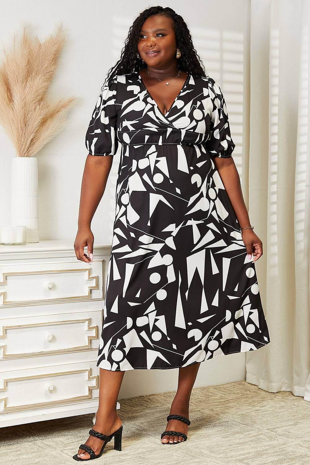 Printed Surplice Balloon Sleeve Dress - Clothes For Her Online Store