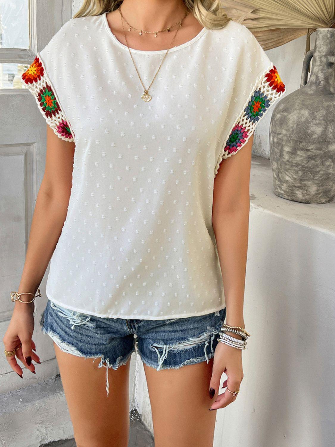 Devine Swiss Dot Round Neck Crochet Short Sleeve Top - Clothes For Her Online Store