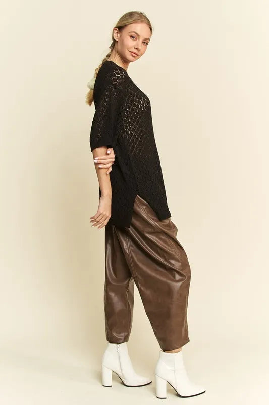 Davi & Dani Side Slit Openwork Round Neck Half Sleeve Knit Cover Up