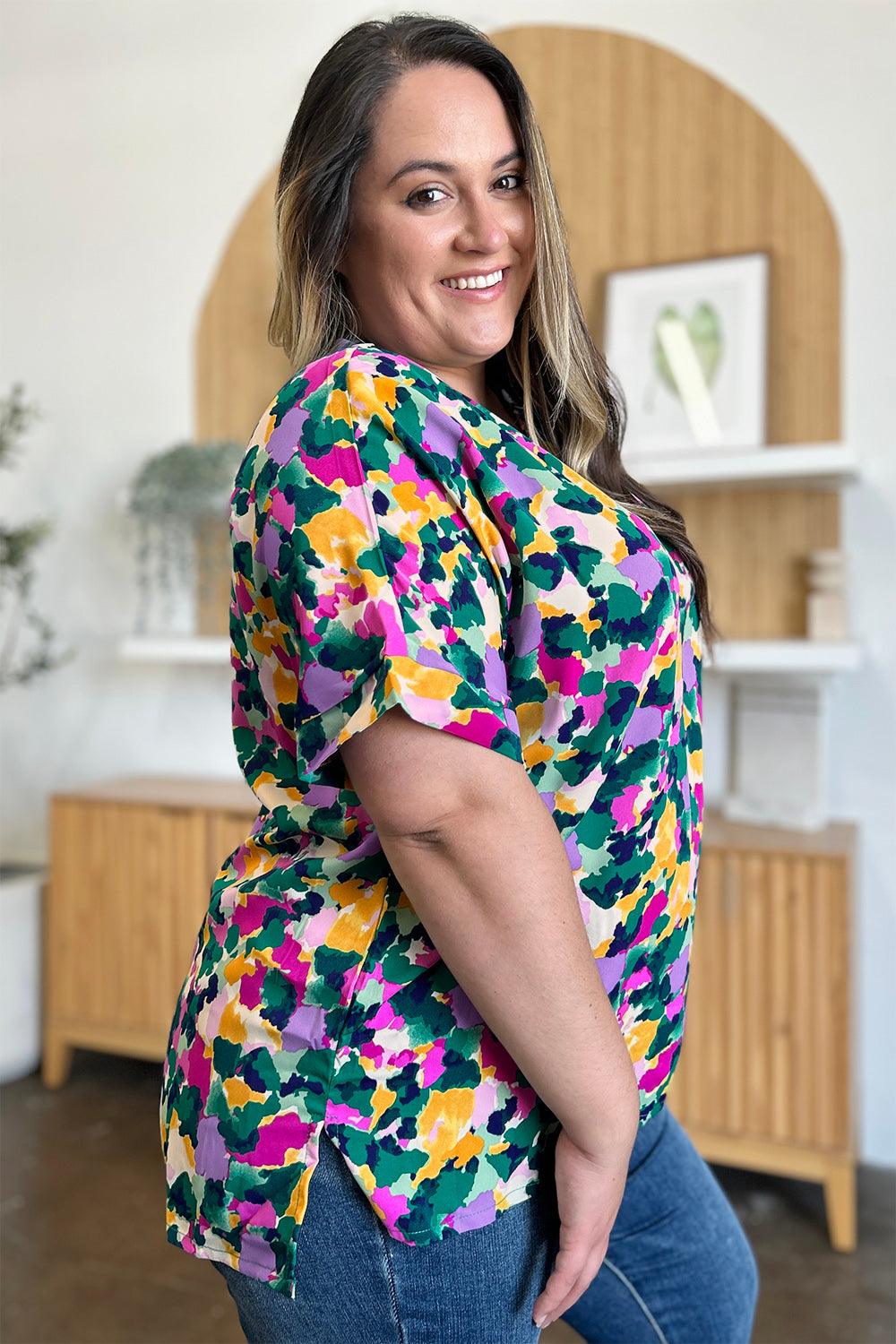 Double Take Full Size Printed V-Neck Short Sleeve Side Slit Top - Clothes For Her Online Store
