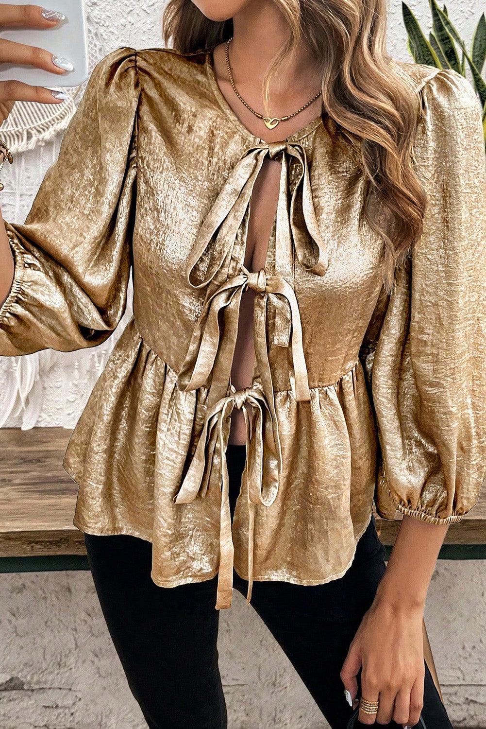 Tied Peplum Three-Quarter Sleeve Blouse - Clothes For Her Online Store