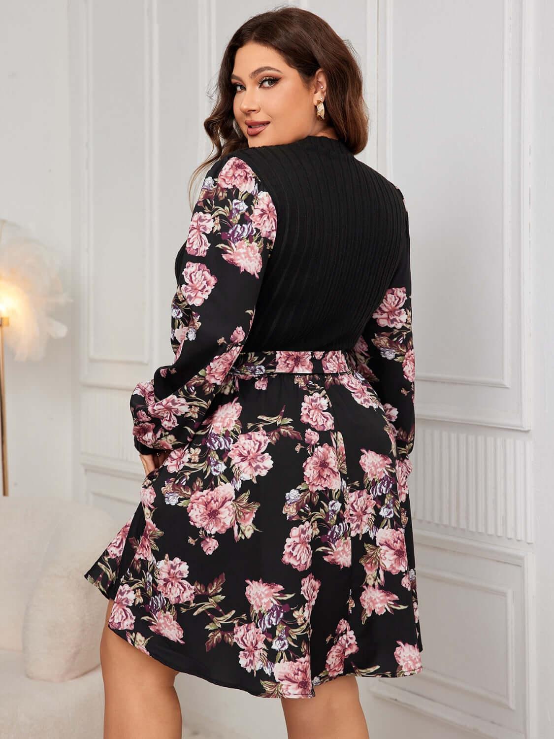 Plus Size Tied Printed Long Sleeve Dress - Clothes For Her Online Store