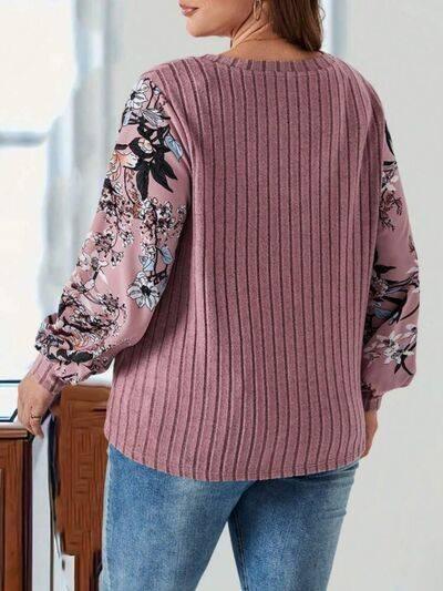 Plus Size Printed V-Neck Long Sleeve T-Shirt - Clothes For Her Online Store