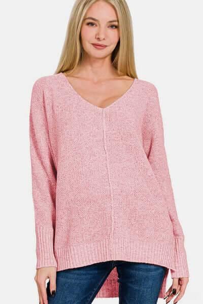 Zenana High-Low Center Seam V-Neck Sweater - Clothes For Her Online Store