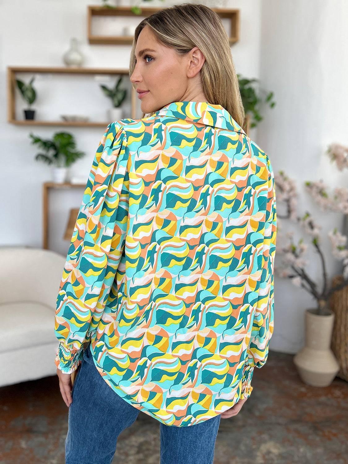 Double Take Full Size Printed Smocked Long Sleeve Blouse - Clothes For Her Online Store