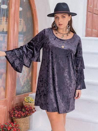 Plus Size Round Neck Flounce Sleeve Mini Dress - Clothes For Her Online Store