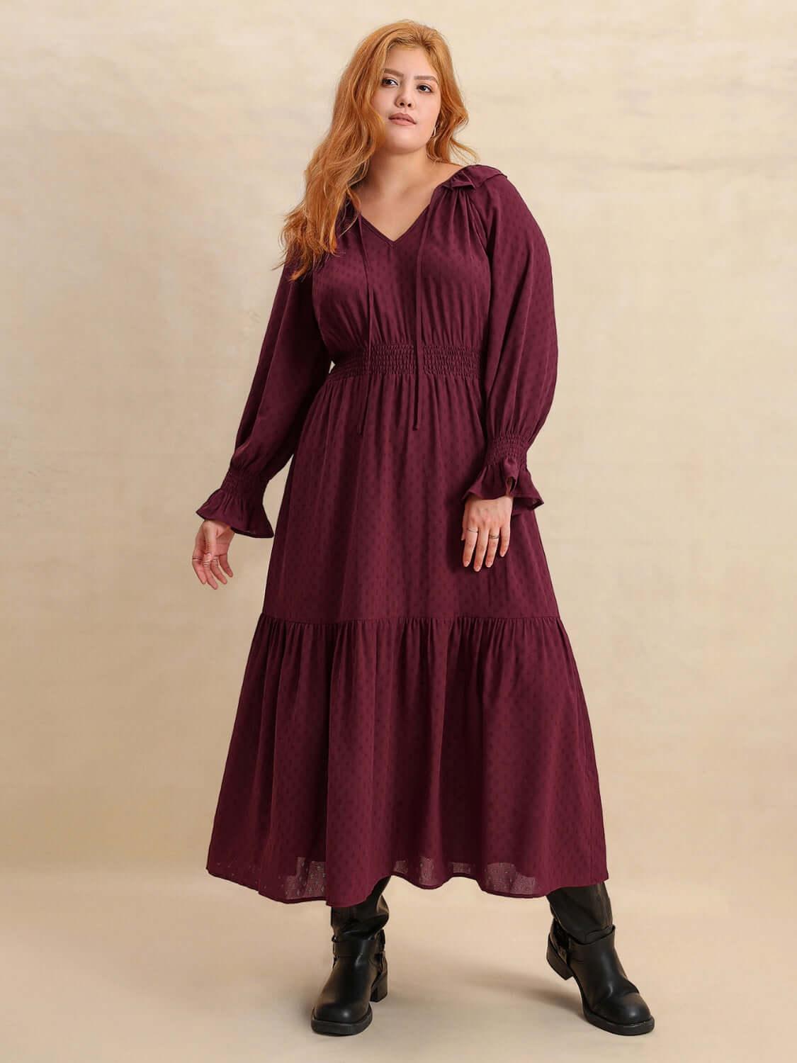 Plus Size Swiss Dot Tie Neck Flounce Sleeve Maxi Dress - Clothes For Her Online Store