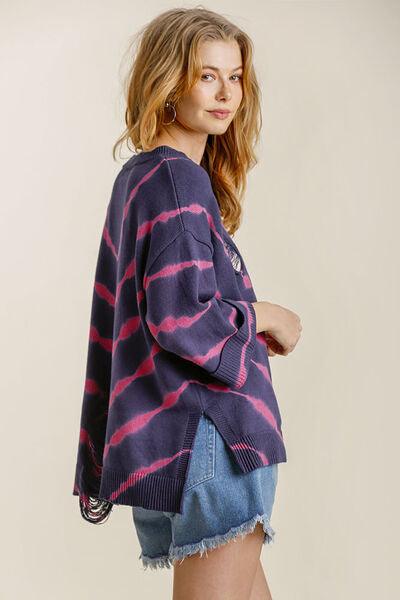 Umgee Full Size Tie Dye Side Slit Round Neck Distressed Detail Sweater Plus Size - Clothes For Her Online Store