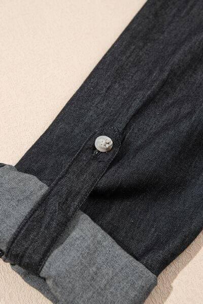 Pocketed Collared Neck Long Sleeve Denim Top - Clothes For Her Online Store
