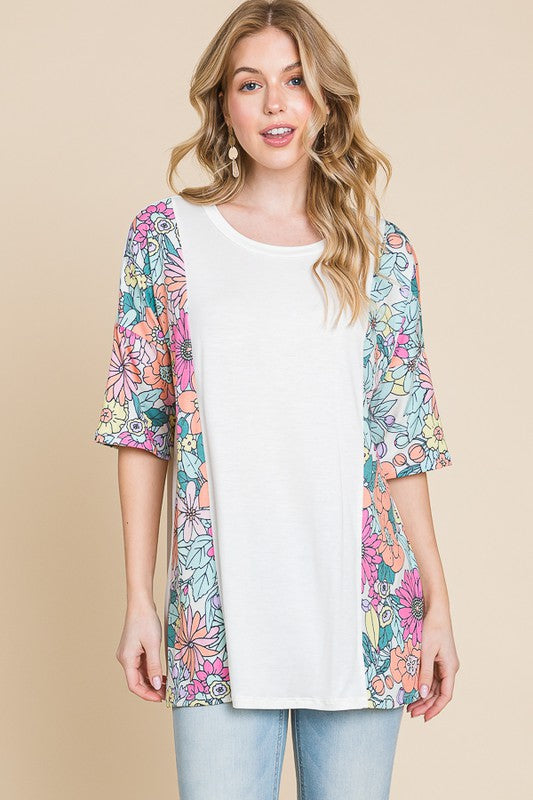 BOMBOM Floral Round Neck Half Sleeve T-Shirt - Clothes For Her Online Store