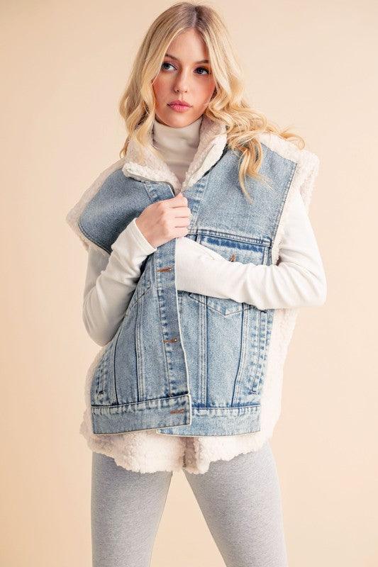 Aemi + Co Fake Two Pieces Denim Patch Sherpa Vest Coat - Clothes For Her Online Store