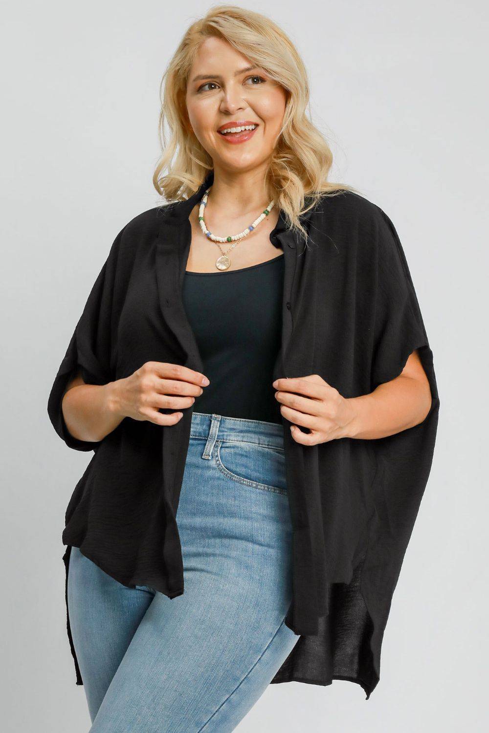 Umgee Full Size High-Low Button Up Short Sleeve Shirt - Clothes For Her Online Store
