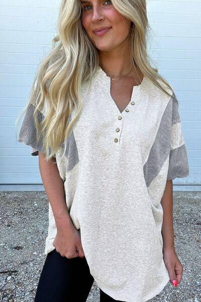 Two Tone Contrast Waffle Knit Patched Buttoned V Neck Top - Clothes For Her Online Store