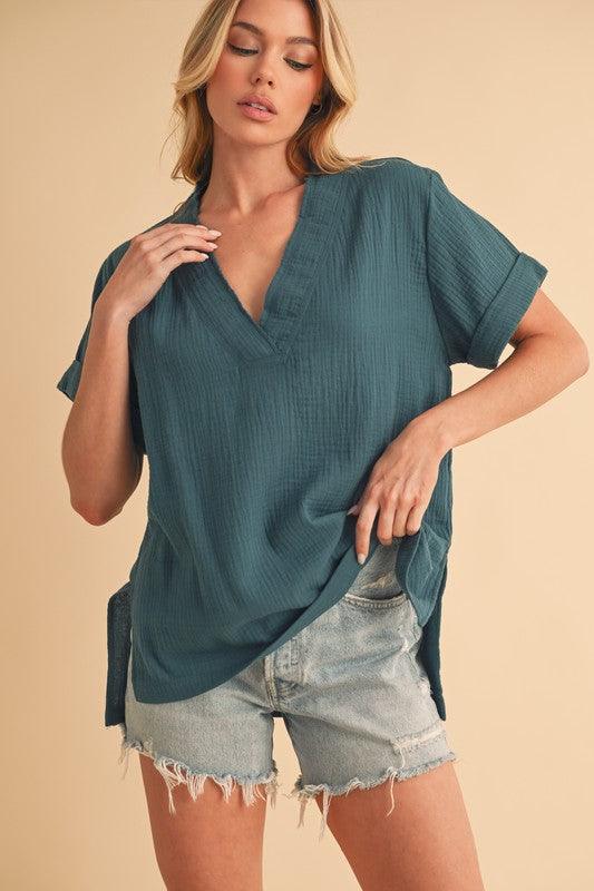 Aemi + Co Side Slit V-Neck Short Sleeve Blouse - Clothes For Her Online Store